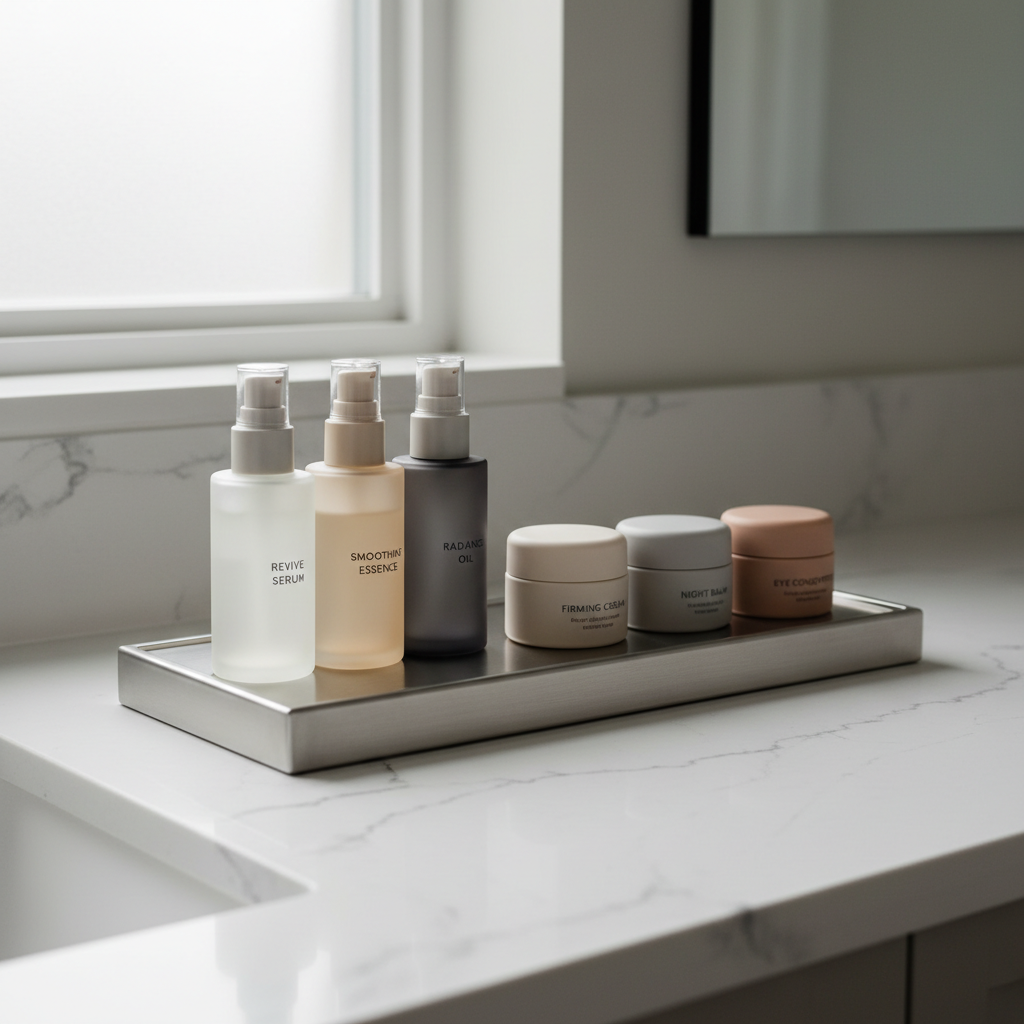 A collection of non-prescription skincare products designed for aging skin, including elegantly labeled glass pump bottles and minimalist jars in muted neutral shades, neatly arranged in a symmetrical, linear pattern on a sleek, brushed aluminum tray. The setting is an immaculate quartz bathroom counter, featuring soft gray undertones and crisp, uncluttered surfaces. Gentle daylight projects from a frosted window, creating graceful, diffuse highlights across the containers and delicate reflections. The mood is calm and professional, emphasizing organization and modernity. The camera frames the tray from a low, eye-level perspective using the rule of thirds, achieving sharp focus throughout while maintaining a clean corporate photographic style that aligns perfectly with the site's educational and supportive purpose.